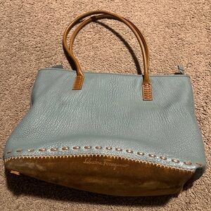 Salvatore Ferragamo Blue and Brown Leather Tote Bag. READ DESCRIPTION